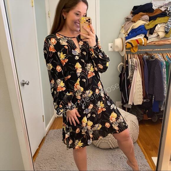 byTiMo Black Floral Spring Summer Easter Open Front Long Sleeve Mini Dress M - Picture 2 of 13